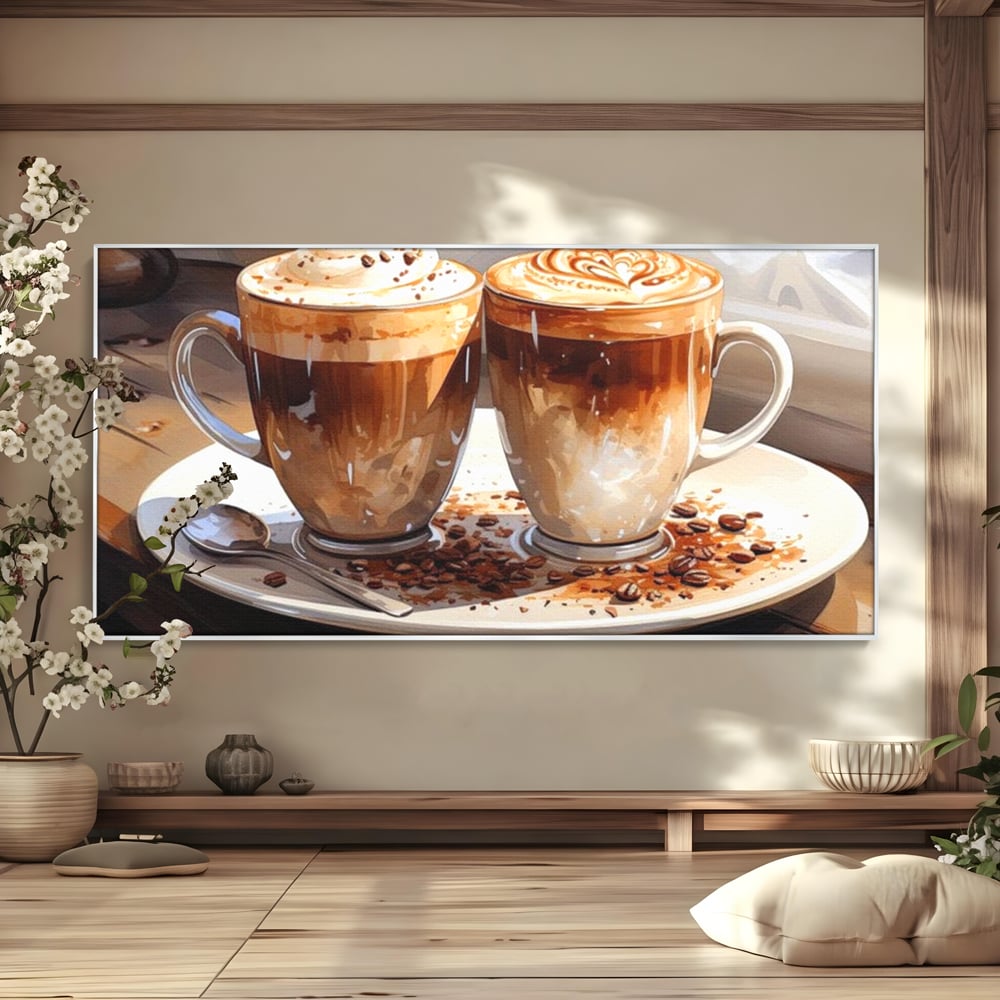 Tablou canvas cu tablou canvas cu cesti de cafea, in rama de aluminiu argintiu